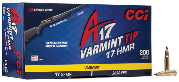 CCI A17 Ammunition: 17 HMR, 17 Grain, Tipped Varmint, 2650 fps