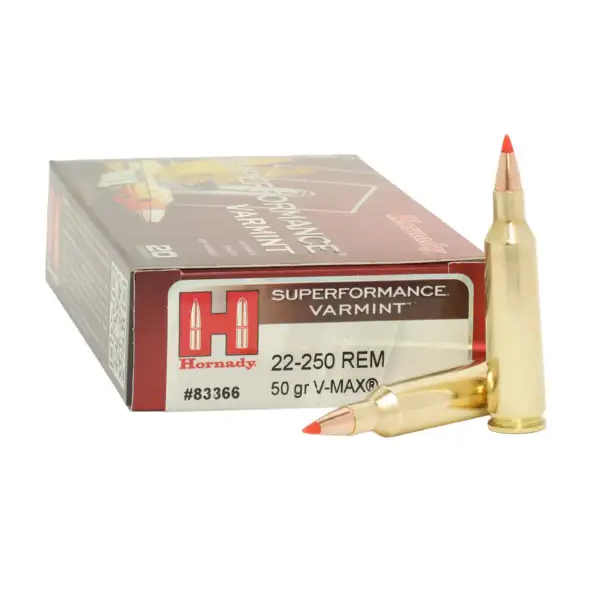 Hornady Superformance Varmint Ammunition: 22-250 Rem, 50 gr, V-MAX, 4000 fps, Model 83366
