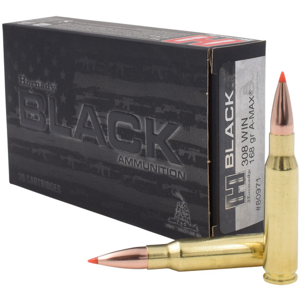 Hornady BLACK Ammunition: 308 Win, 168 gr, A-MAX, 2700 fps, Model 80971