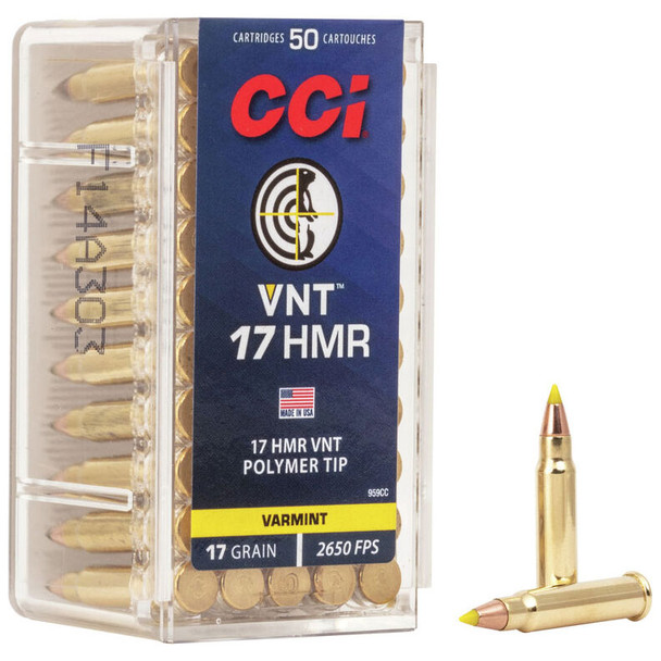 CCI VNT Ammunition: 17 HMR, 17 gr, VNT, 2650 fps, Model 959CC