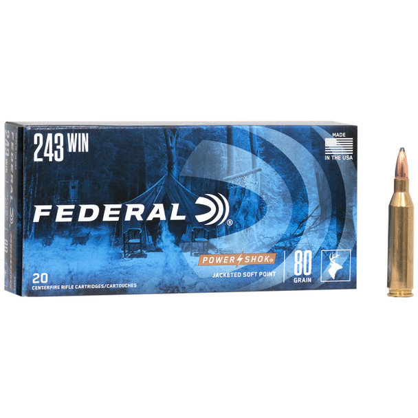 Federal Power-Shok Rifle Ammunition: 243 Win, 80 gr, JSP, 3330 fps, Model 243AS