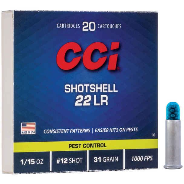 CCI Rimfire Shotshell Ammunition: 22 LR, 31 gr, #12 Shot, 1000 fps, Model 39