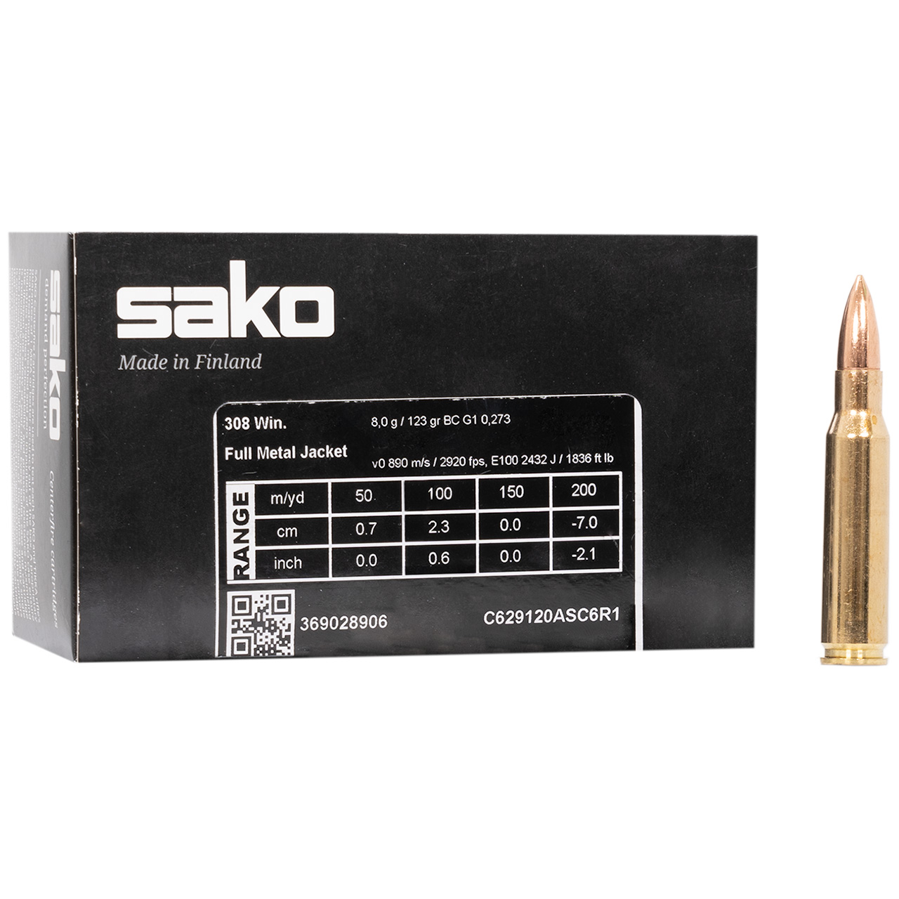 Sako Range Ammunition: 308 Win, 123 gr, FMJ, 2920 fps, Model