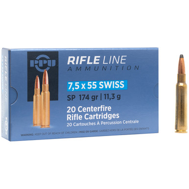 PPU (Prvi Partizan) Rifle Line Ammunition: 7.5x55mm Swiss, 174 gr, FMJ-BT, 2525 fps, Model PP7SF