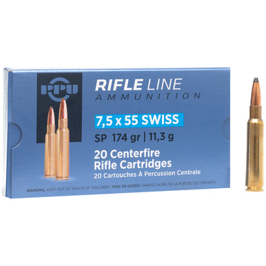 PPU Rifle Line Ammunition: 7.5x55mm Swiss, 174 gr, SP, 2525 fps, Model PP7SS