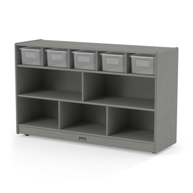 Mobile Wooden Gray Toy Storage Bookshelf With Clear Bins
