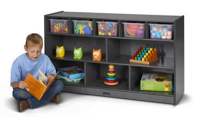 Mobile Wooden Gray Toy Storage Bookshelf With Clear Bins