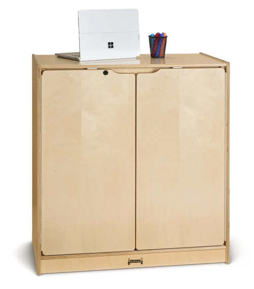 Small Lockable Wooden Storage Cabinet With Doors and Shelves