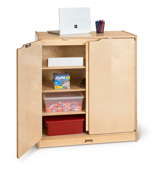 Small Lockable Wooden Storage Cabinet With Doors and Shelves