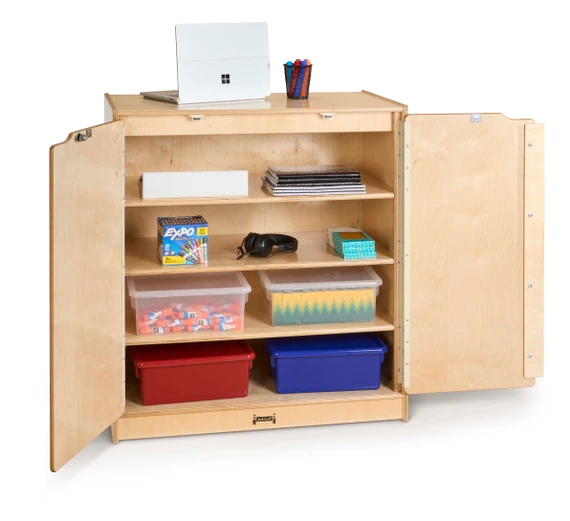 Small Lockable Wooden Storage Cabinet With Doors and Shelves