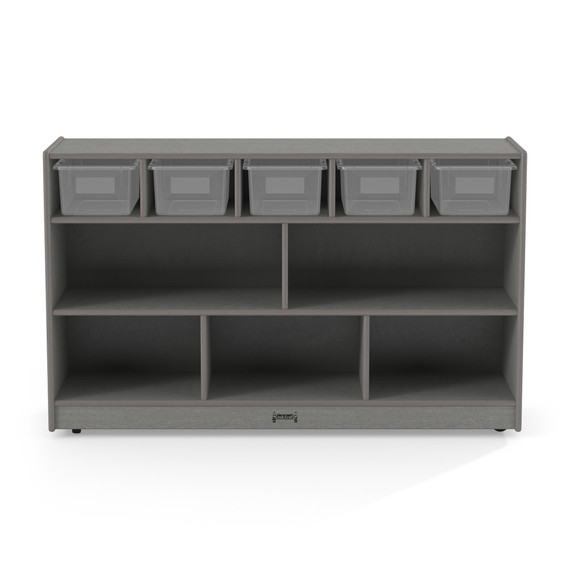 Mobile Wooden Gray Toy Storage Bookshelf With Clear Bins