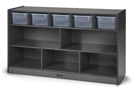 Mobile Wooden Gray Toy Storage Bookshelf With Clear Bins