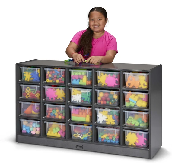 20 Clear Cubby Wooden Gray Mobile Storage Unit