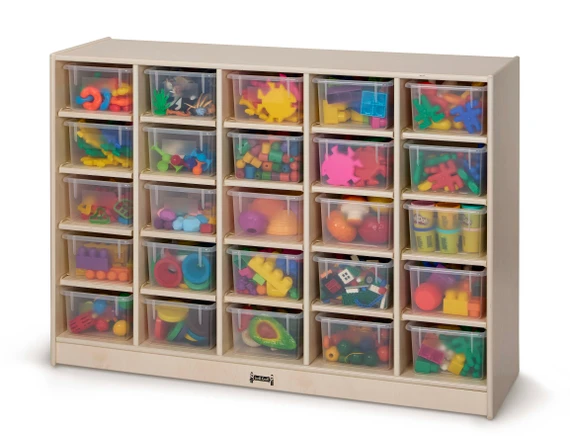 25 Cubby Wooden White Classroom Storage Organizer With Clear Bins