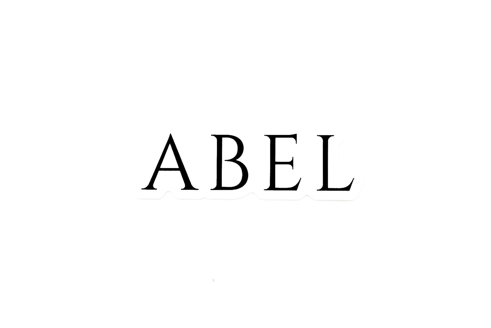 Abel Company brand sticker on white background, black ABEL typeface on white contrast