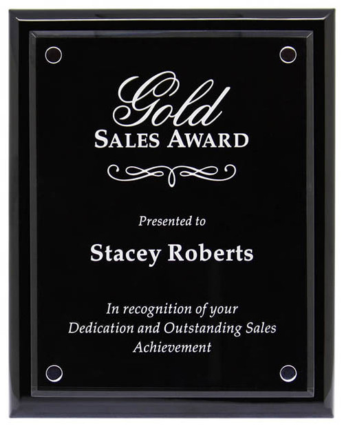 Black piano finish floating plaque - Gold engraving example. Choose Gold or Silver engraving colour.