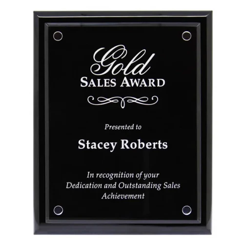 Black piano finish floating plaque - Gold engraving example. Choose Gold or Silver engraving colour.