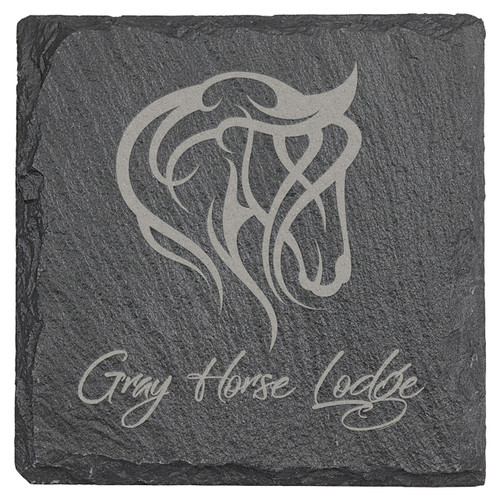 4-inch square charcoal gray slate coaster with rustic chipped edges, custom laser engraved.