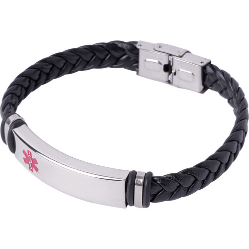 Medic Alert bracelet with a curved silver-tone plate, red medical emblem, black braided leather band and metal clasp