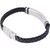 Reverse view of the Medic Alert bracelet shows the plain back of its curved plate and the metal clasp on the black braided band