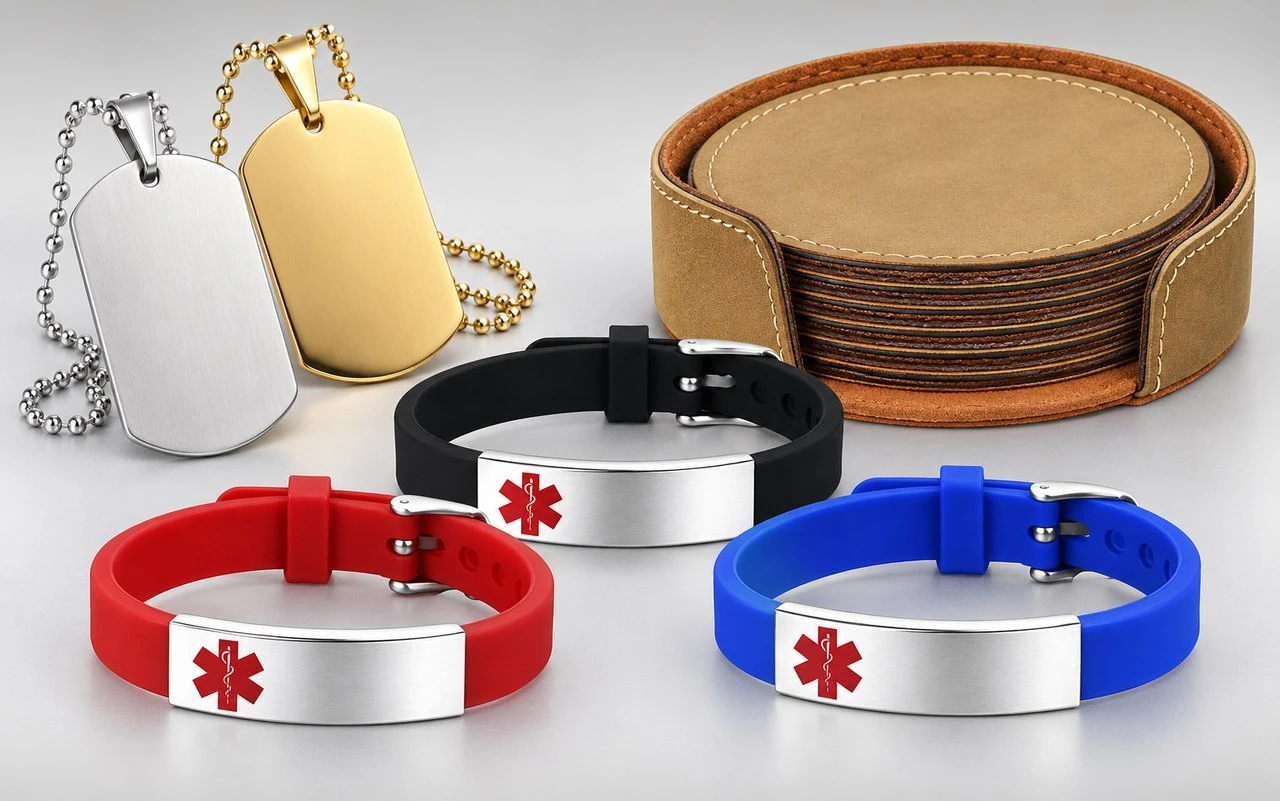 Medic alert bracelets, dog tags and a leatherette coaster set
