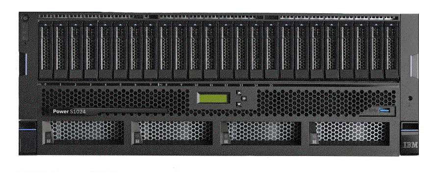 IBM Power S1024 9105-42A server chassis front view displaying drive bays, status LEDs, and 4U rack-mount design