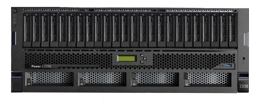IBM Power S1024 9105-42A EPGD server chassis front view displaying drive bays, status LEDs, and 4U rack-mount design