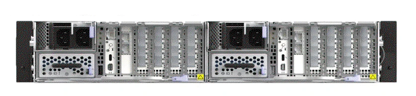 IBM 5075-A30 FlashSystem 7600 844TB NVMe control enclosure rear view with 32 drive bays and node canisters