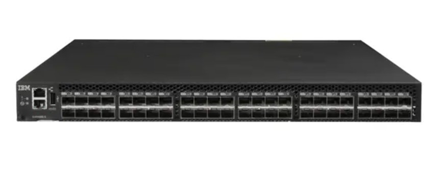 IBM SAN48B-5 (2498-F48) 48-port 16 Gb Fibre Channel switch with front panel ports and status LEDs