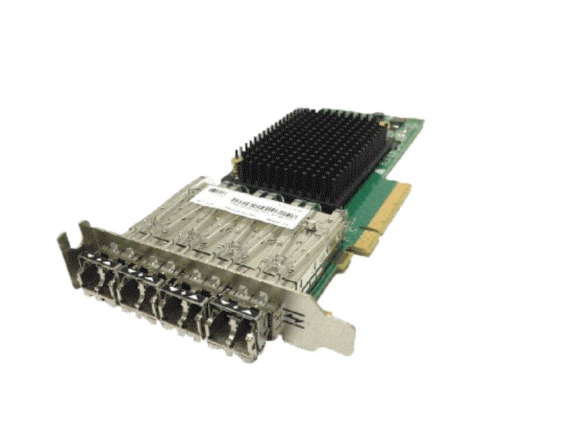 IBM EN24 PCIe4 x16 4-port 25/10/1 GbE RoCE SFP28 Adapter card with low-profile bracket and four SFP28 ports front and rear views