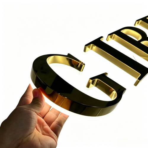 Halo backlit custom stainless steel 3D channel letter, illuminated metal signage for commercial branding