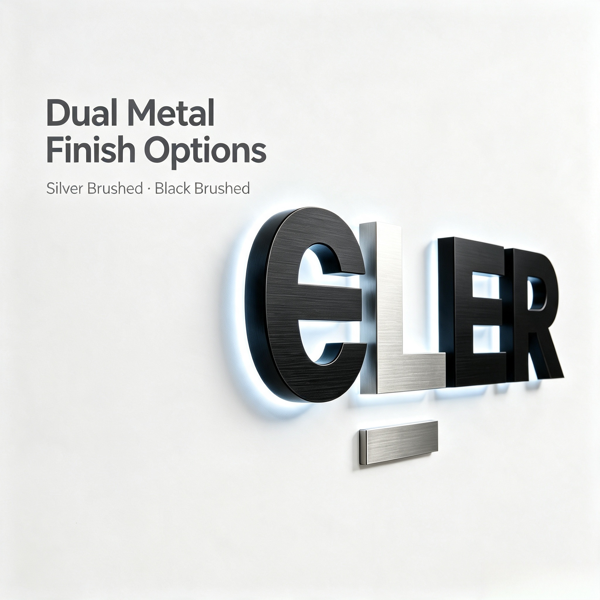 Brushed stainless steel backlit letter sign – warm halo glow effect on dark wall, custom lobby signage example