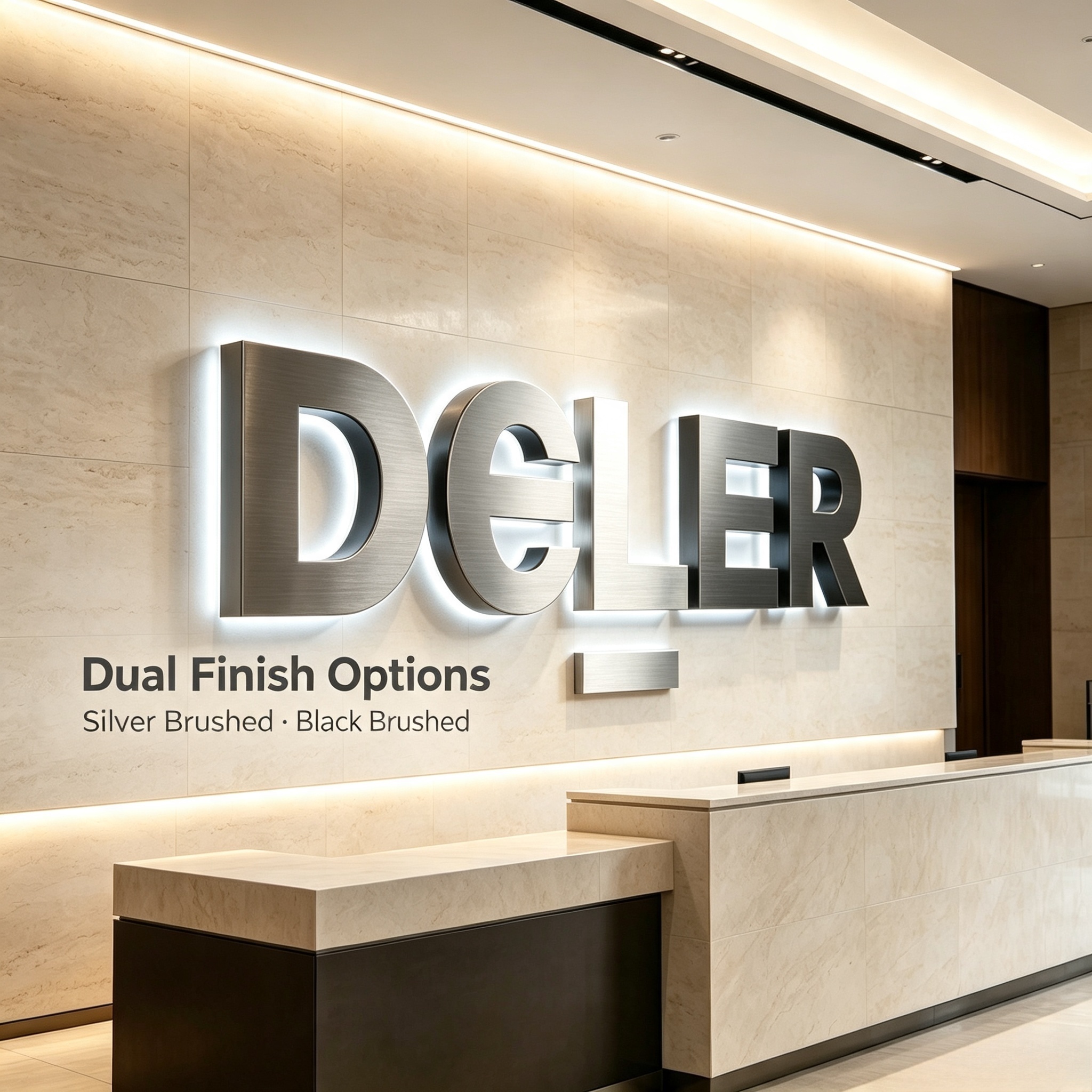 Custom backlit brushed stainless steel 3D logo letters installed on corporate office reception brand wall with soft halo lighting