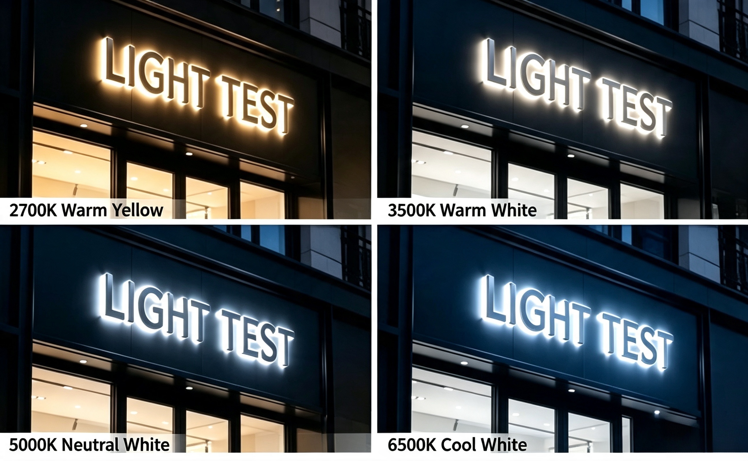2700K / 3500K / 5000K / 6500K color temperature lighting options for backlit stainless steel signage