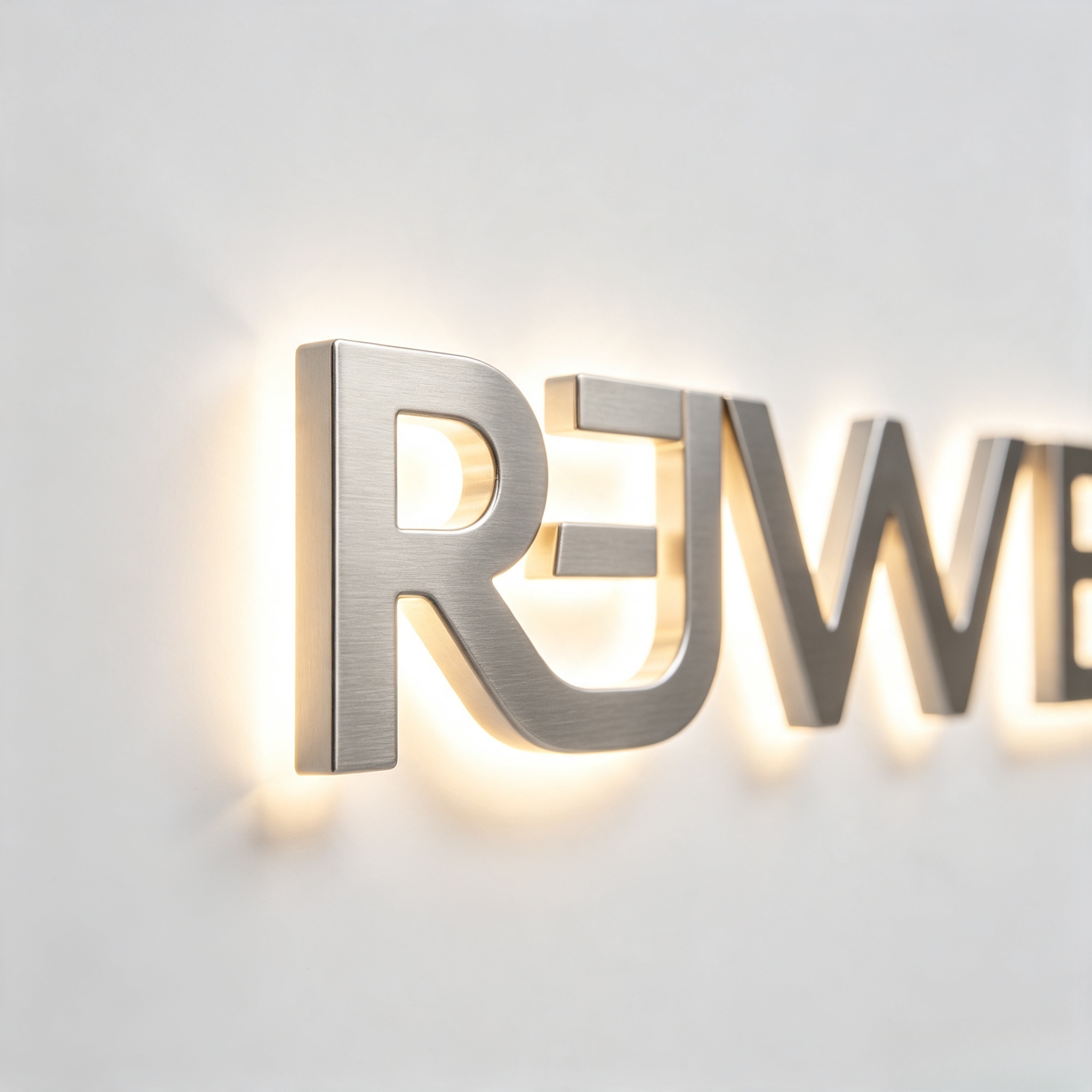 Side profile close-up of brushed stainless steel backlit 3D letters, showing solid metal craftsmanship and customizable thickness