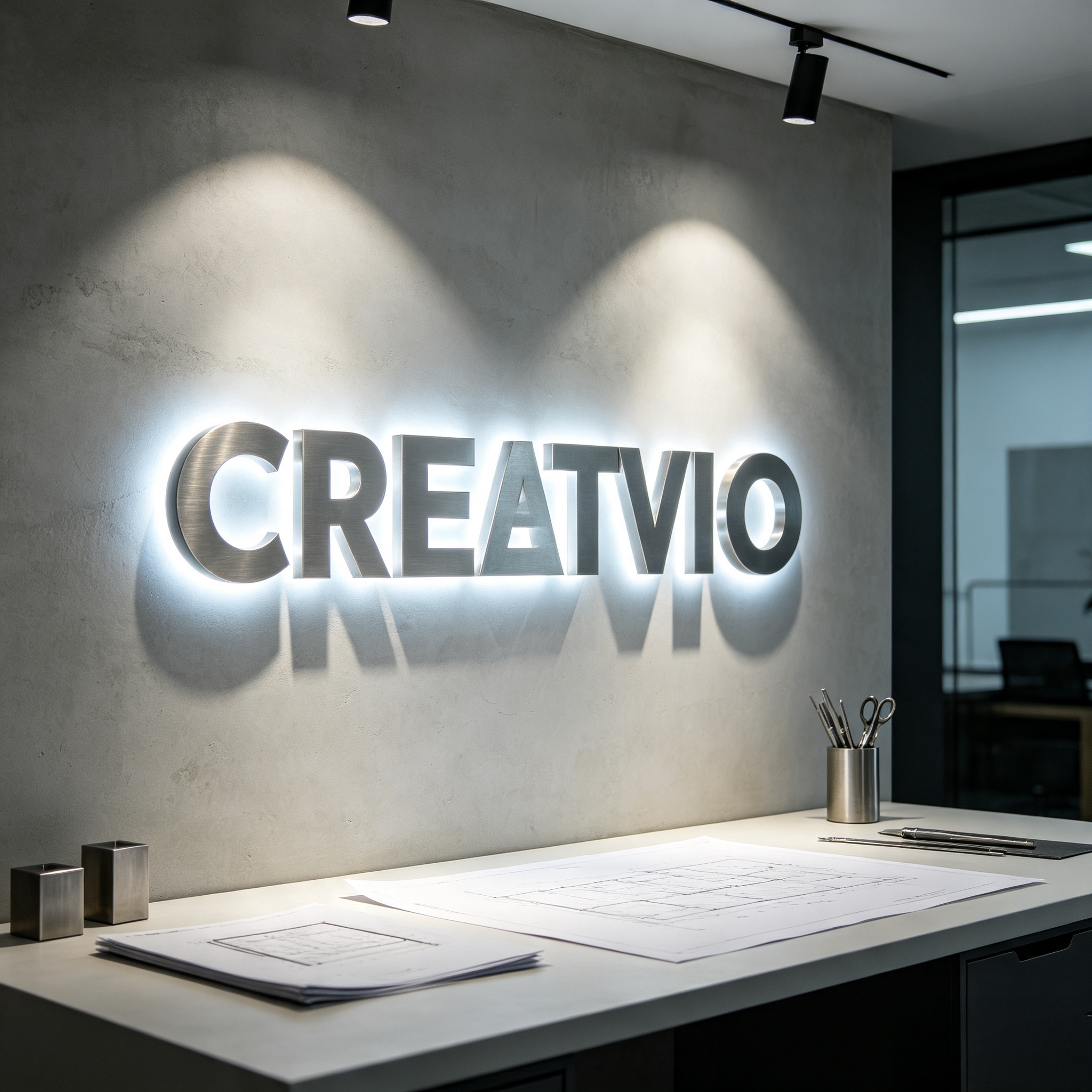 Backlit stainless steel 3D brand lettering installed on interior wall of creative design studio