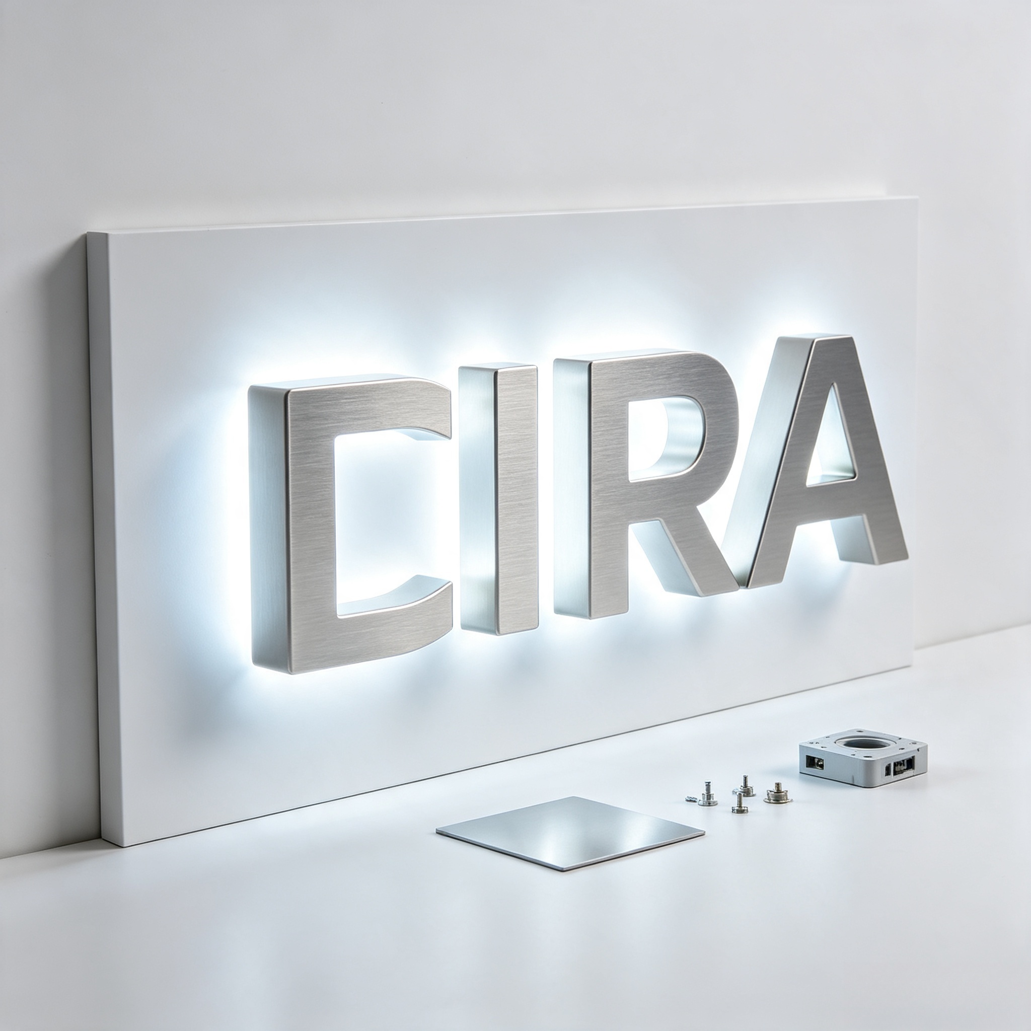 Structure display of hollow backlit brushed stainless steel letters, mounting gap design for uniform halo light
