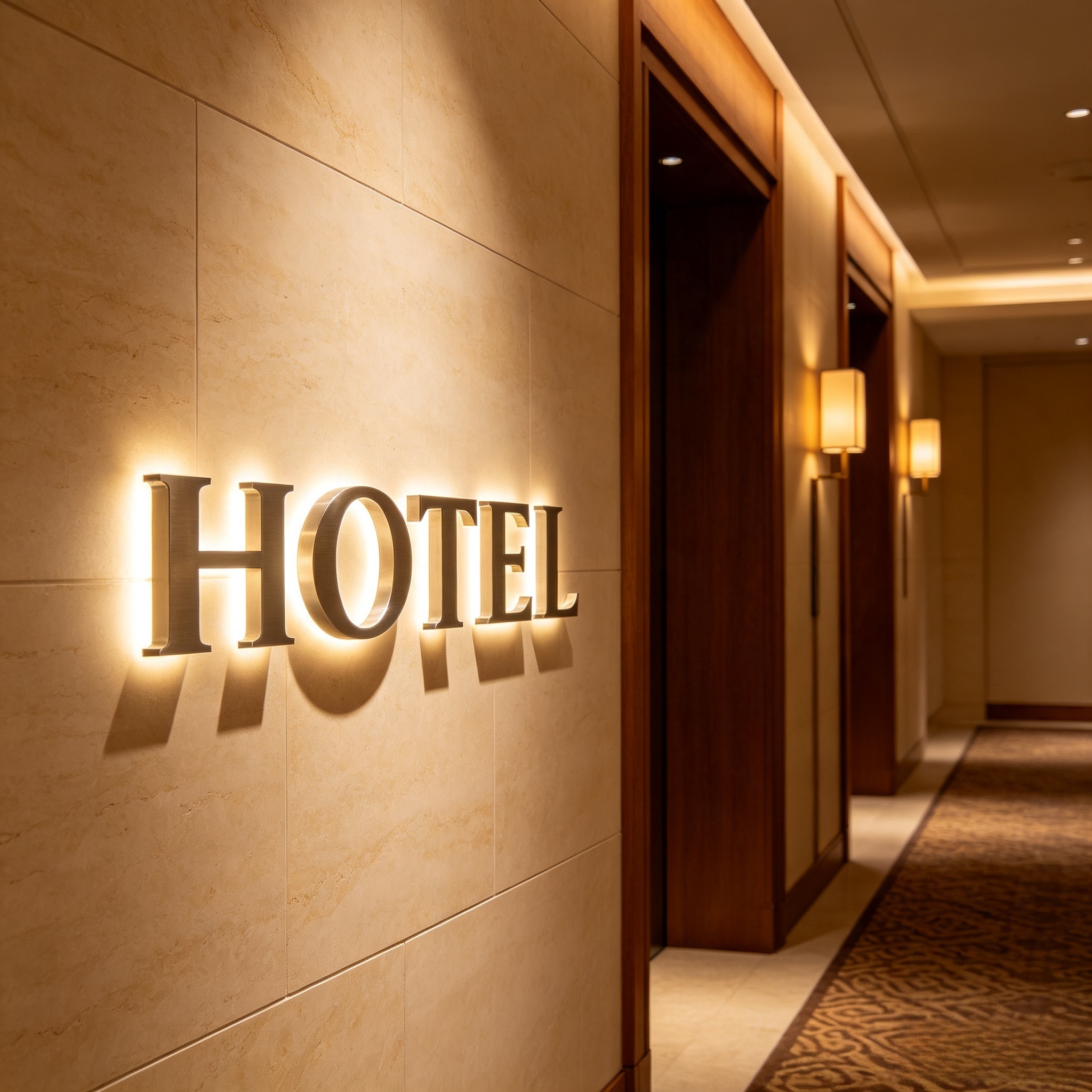 Halo‑lit stainless steel letters, hotel interior wall signage