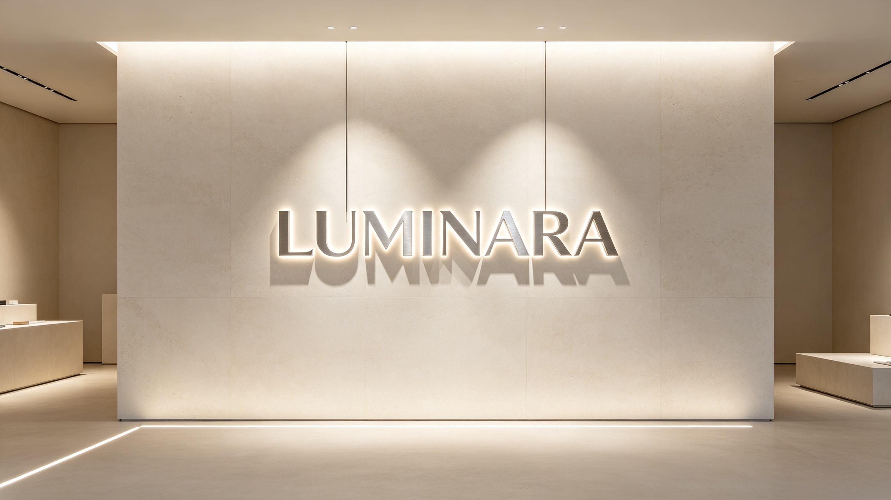 Halo lit 3D metal logo mounted on smooth interior wall