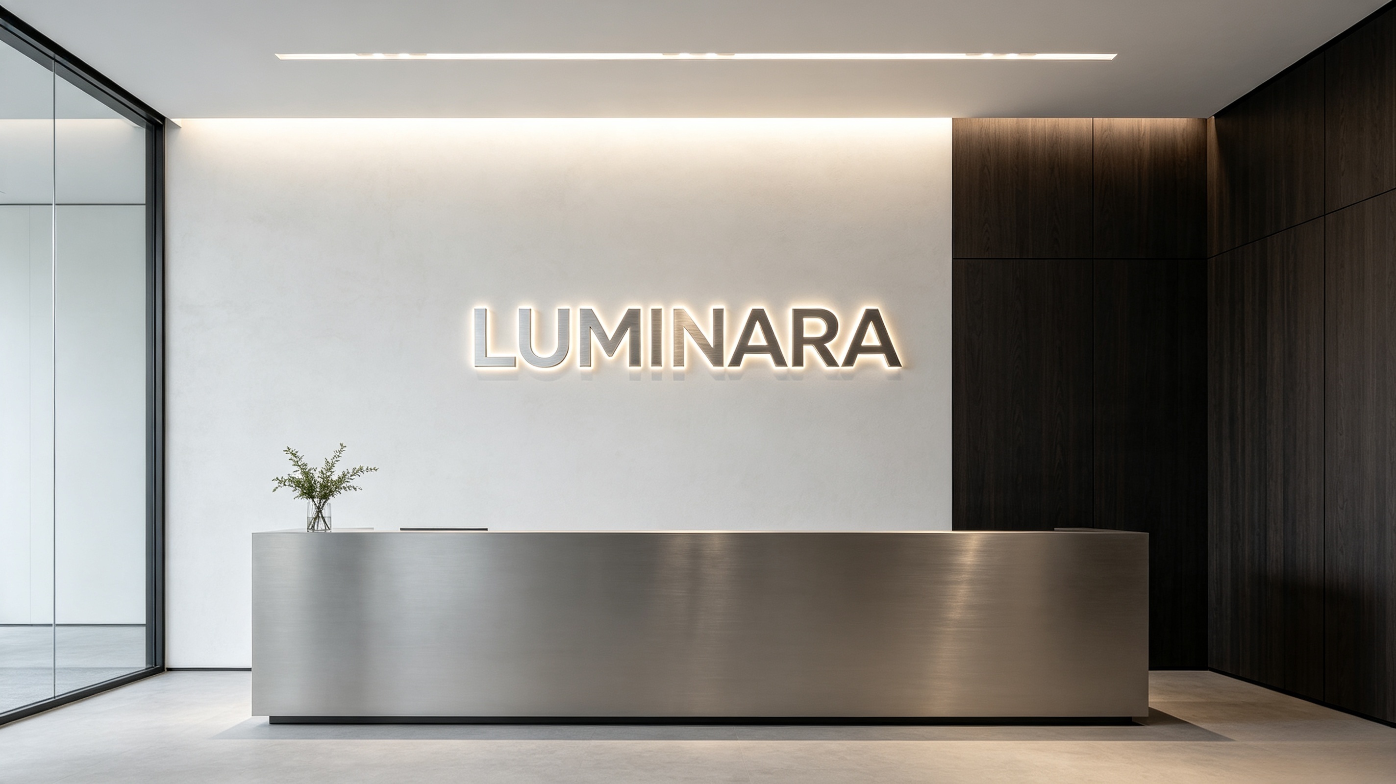 Wide interior shot of backlit stainless steel brand sign inside spacious corporate lobby, premium commercial brand wall solution