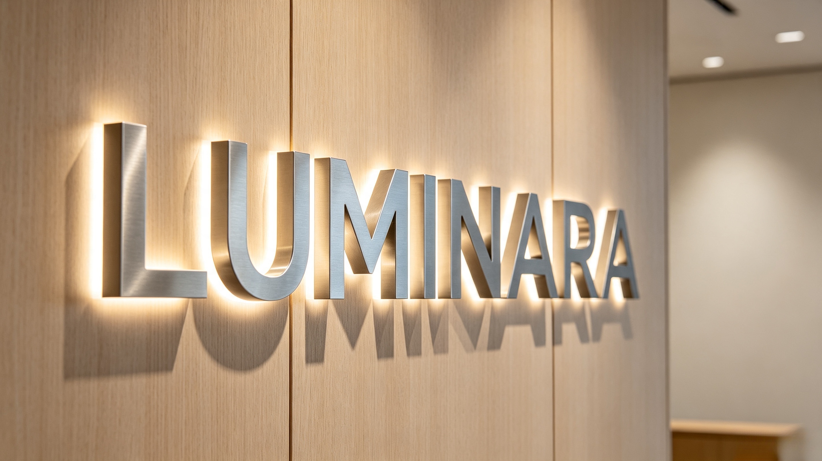 Custom backlit metal sign with warm LED glow – office lobby branding example