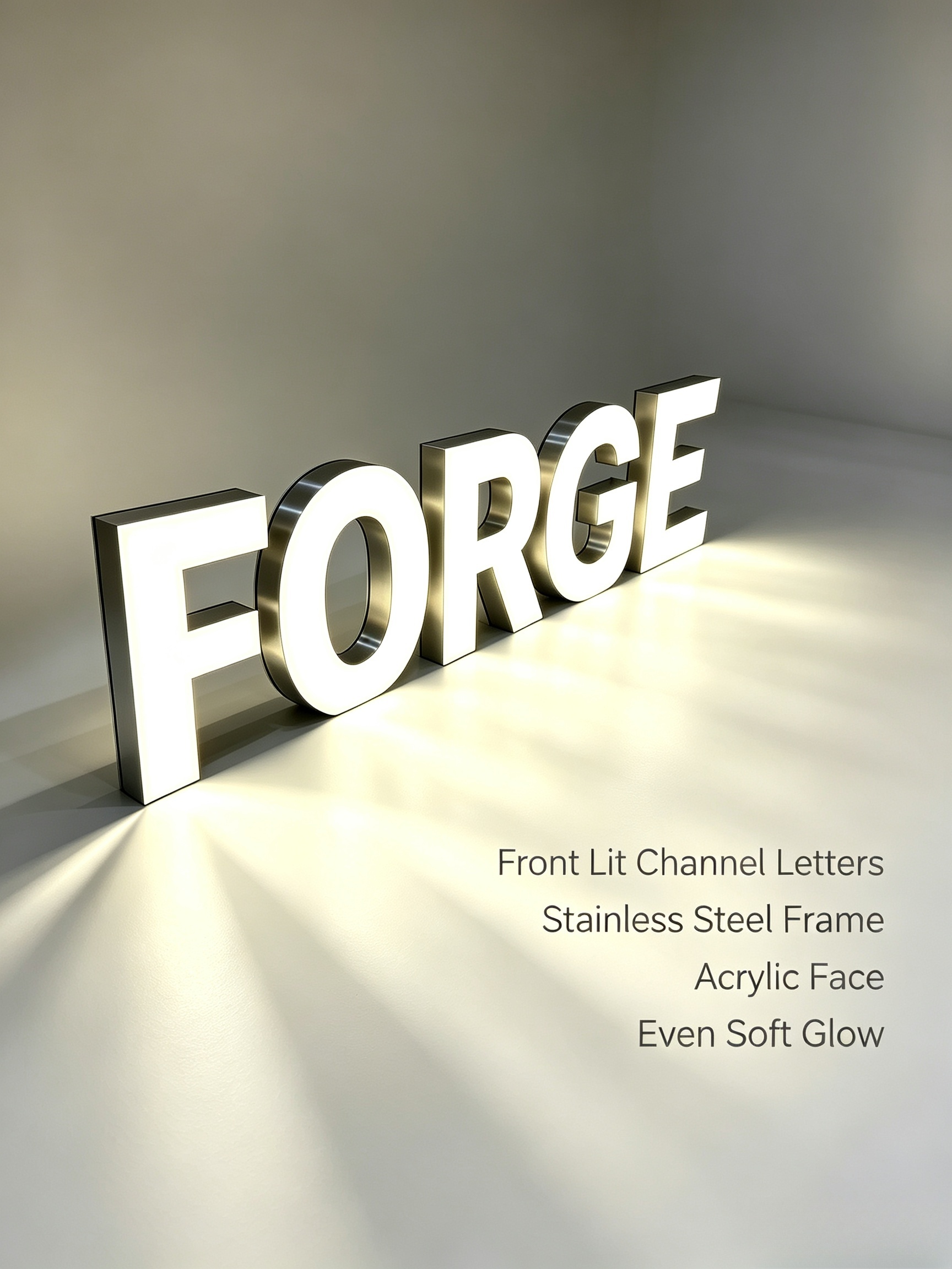 Custom stainless steel front lit 3D channel letters