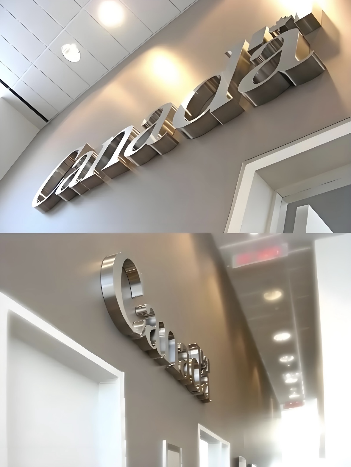 Stainless steel sign installed on office lobby wall