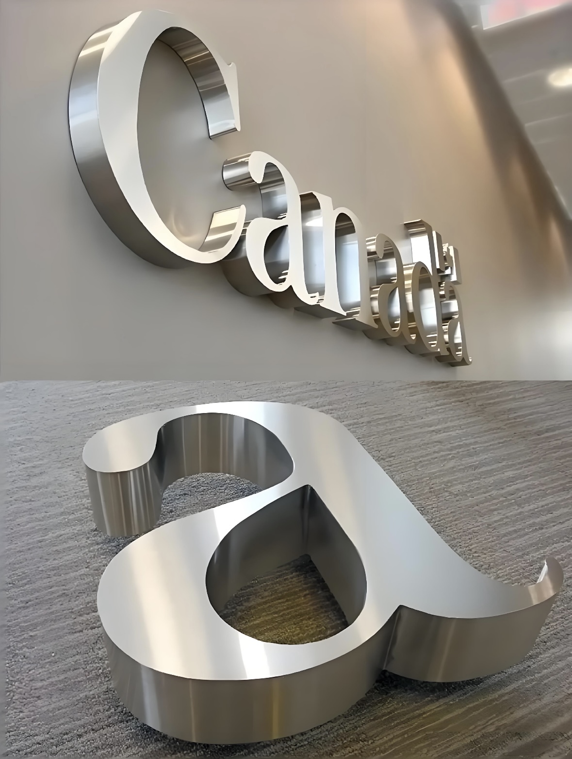 Brushed stainless steel dimensional letters, custom office wall logo
