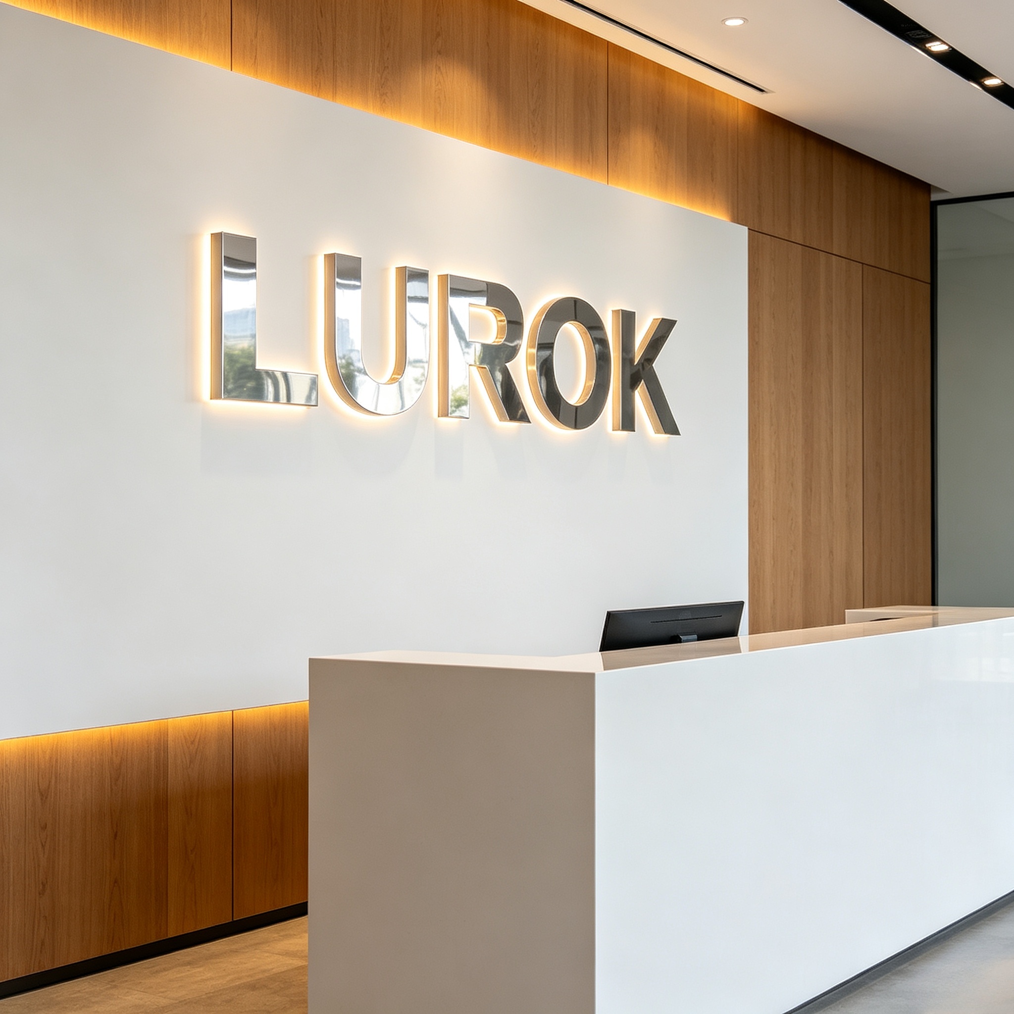 Backlit mirror 3D metal logo at company reception desk