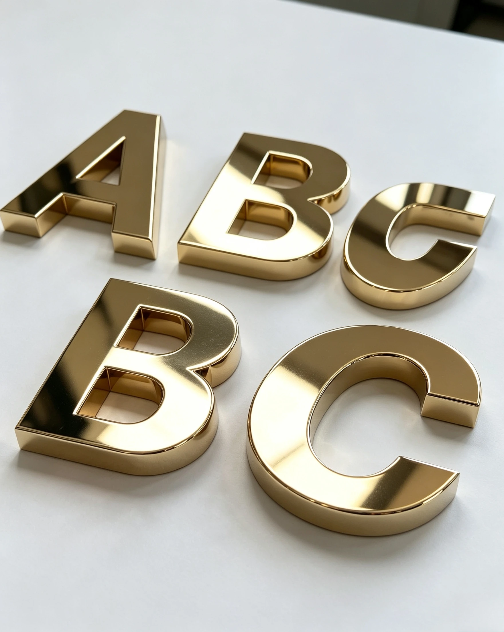 Mirror gold 3D letter close‑up texture detail