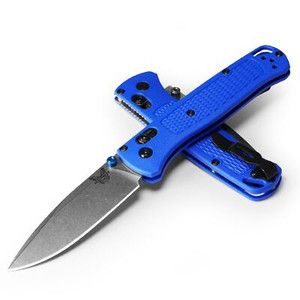 Image of two blue handle bugouts. One is folded on the bottom, while the second is fully extended and leaning up against the first. Image of two blue handle bugouts. One is folded on the bottom, while the second is fully extended and leaning up against the first.