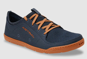Image of the Loyak from the side in the Navy/Brown colorway. Shows off breathable design and the wide toebox.