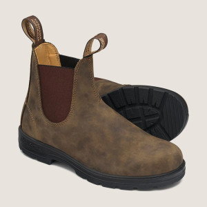 Shows the Rustric brown 585 boot. Shows off the full leather outer with a stretchy elastic side.