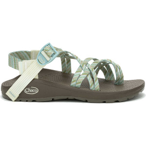 Profile view of high cushion, high support, sandal with split, two thin webbing straps over the foot strapping. Profile view of high cushion, high support, sandal with split, two thin webbing straps over the foot strapping.
